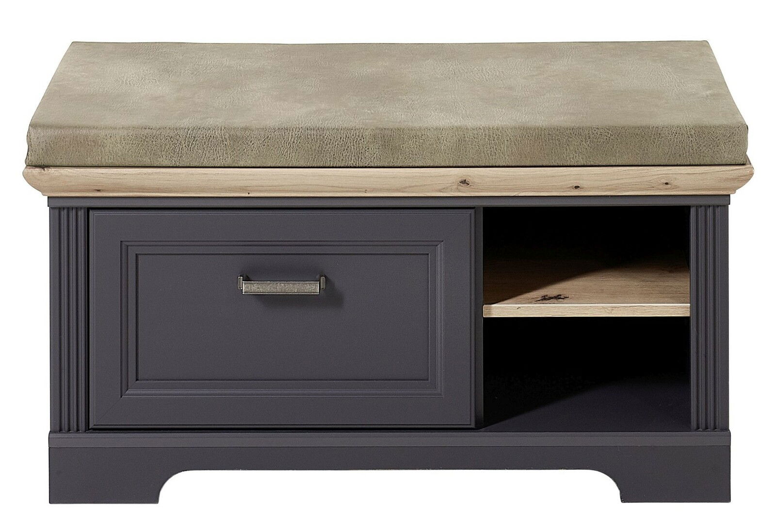 Vorderansicht einer Bank mit gepolstertem Sitzkissen, einer Schublade und einem offenen Fach in dunklem Holzton.