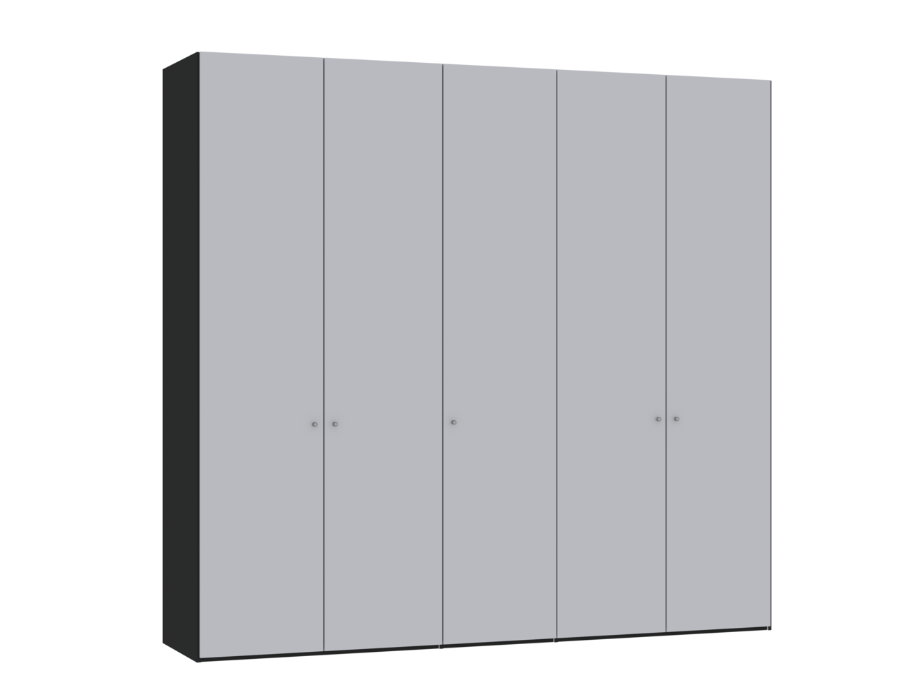 Fünf-türiger Drehtürenschrank in grauer Farbe, seitliche Perspektive