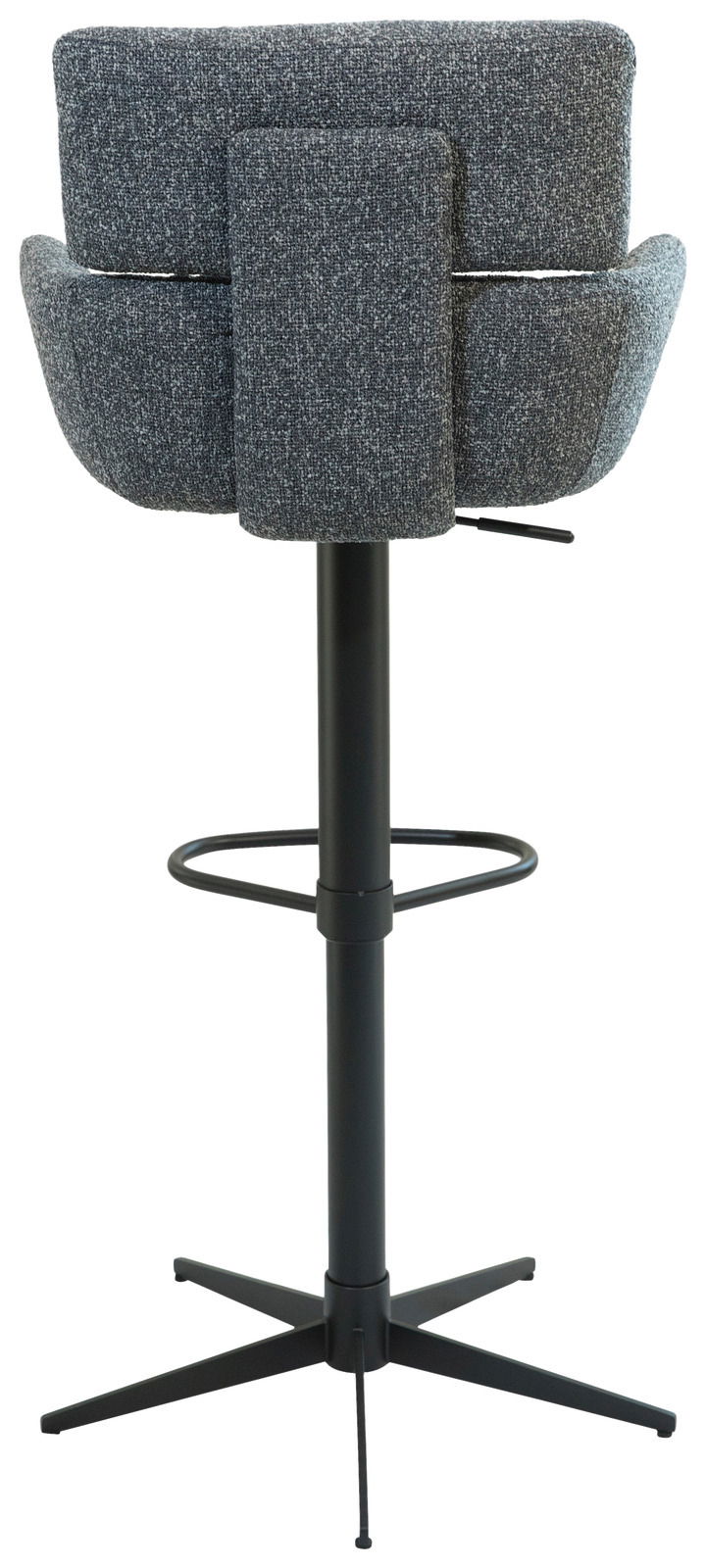 Rückansicht eines modernen Barhockers mit gepolsterter Rückenlehne und schwarzem Metallgestell.