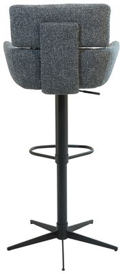 Rückansicht eines modernen Barhockers mit gepolsterter Rückenlehne und schwarzem Metallgestell.