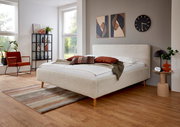 Modernes Polsterbettgestell in einem stilvoll eingerichteten Schlafzimmer, seitliche Perspektive.
