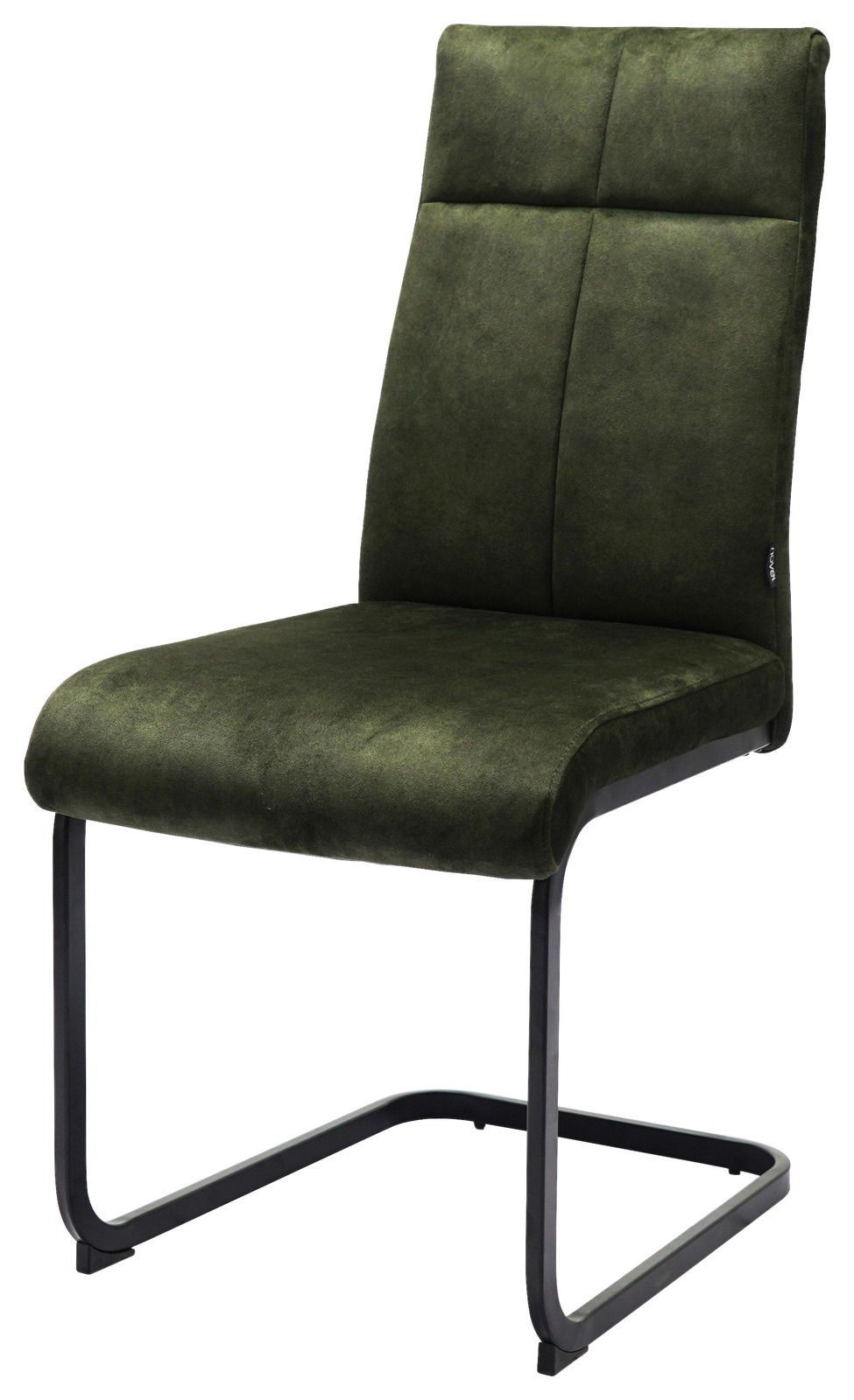 Moderner grüner Schwingstuhl mit schwarzem Metallgestell, seitliche Perspektive