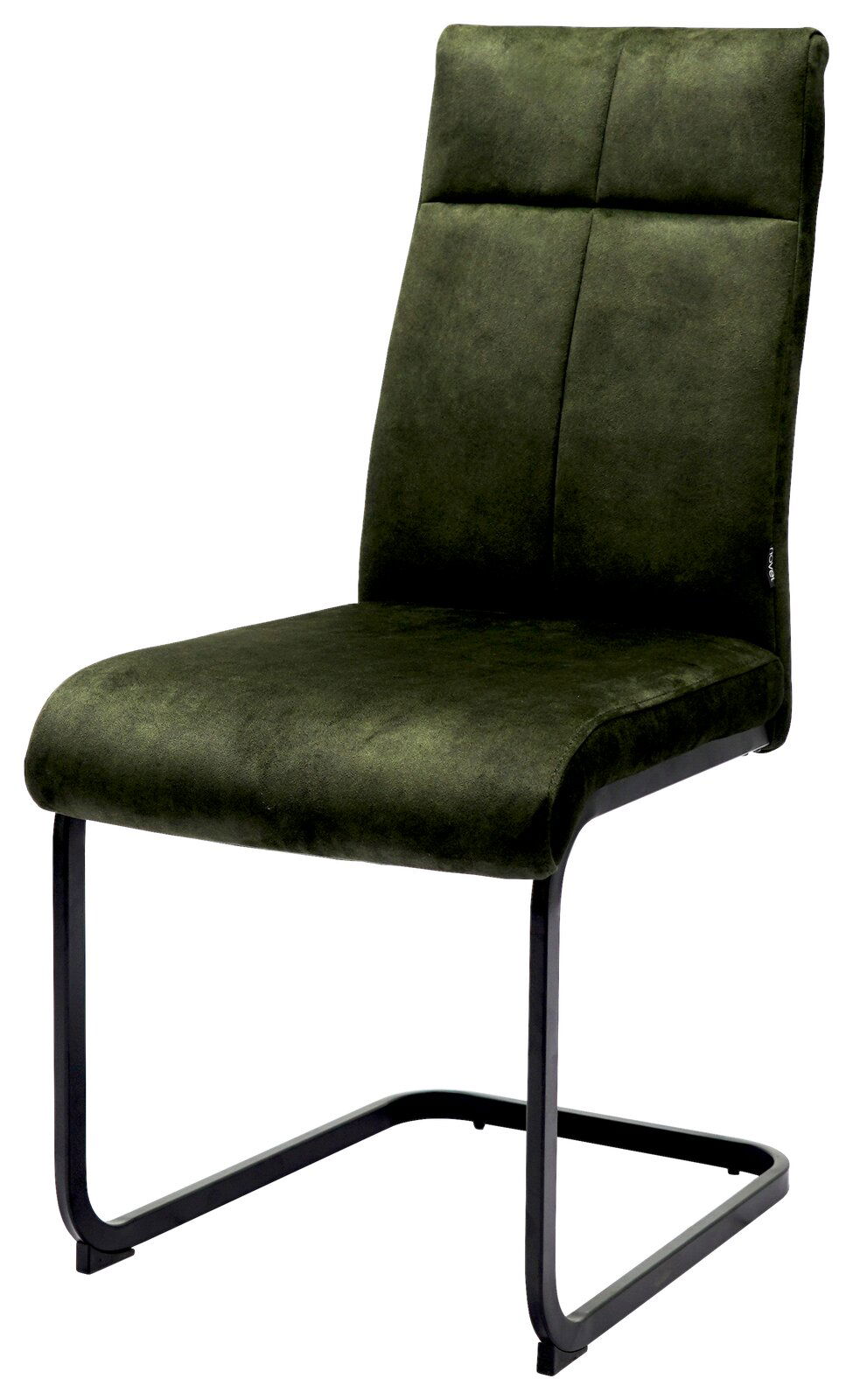 Moderner grüner Schwingstuhl mit schwarzem Metallgestell, seitliche Perspektive