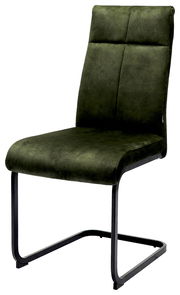 Moderner grüner Schwingstuhl mit schwarzem Metallgestell, seitliche Perspektive