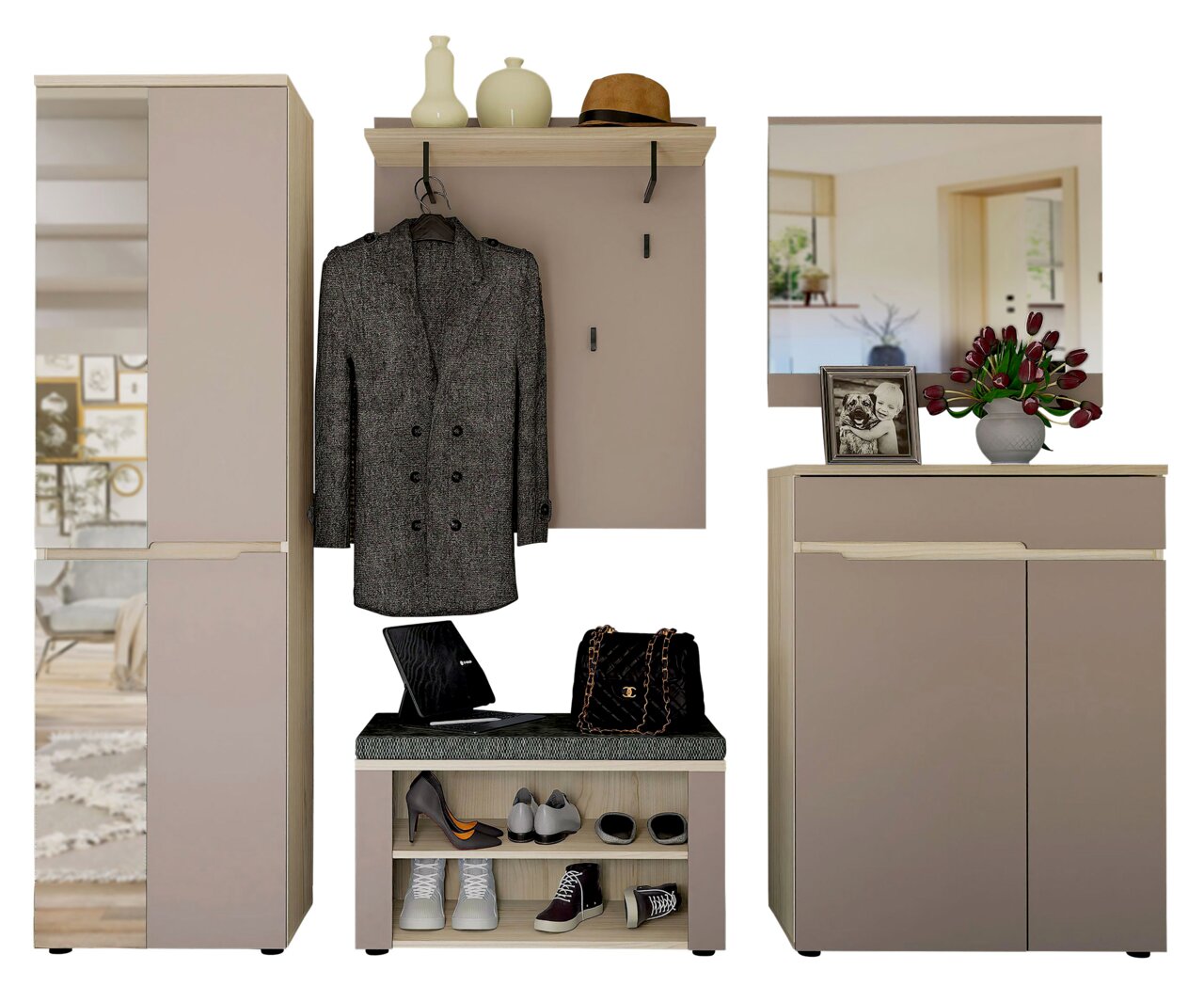 Garderobenkombination 5-teilig in moderner Perspektive, bestehend aus einem Schrank mit Spiegel, einer Wandgarderobe mit Haken und Ablage, einem Schuhregal mit Sitzfläche und einem Schrank mit Dekorationen.