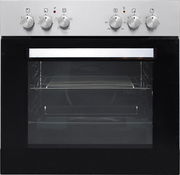 Frontansicht eines modernen Einbauofens mit Edelstahlblende und Bedienknöpfen, sichtbarem Backofeninnenraum mit Gitterrost.