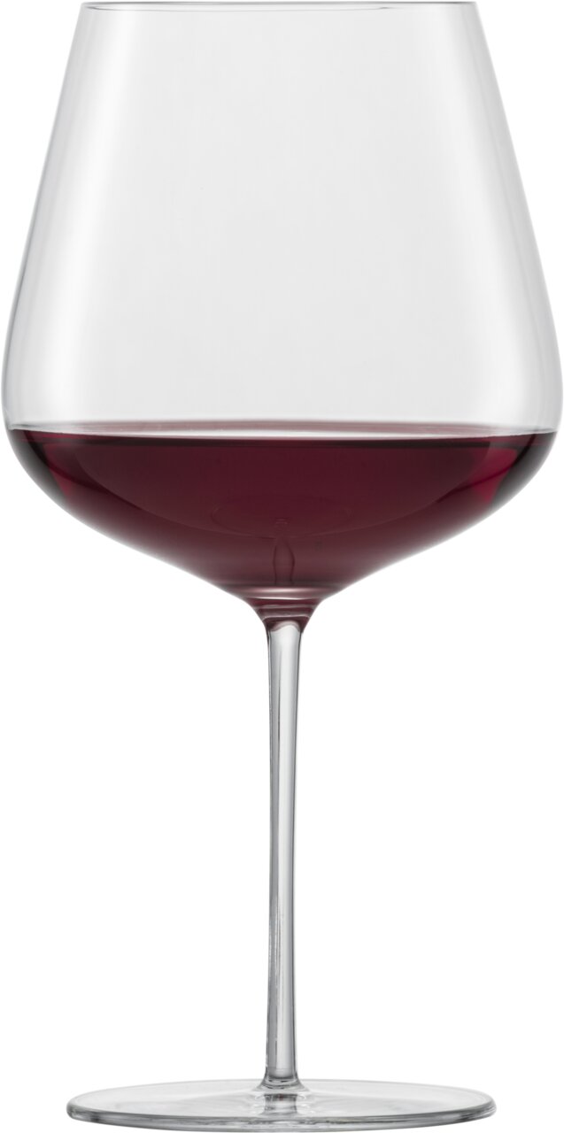Burgunder Rotweinglas Vervino, gefüllt mit Rotwein, in Frontalansicht