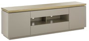 TV-Lowboard in moderner Frontansicht mit hellem Holzdeckel und grauen Schubladen.