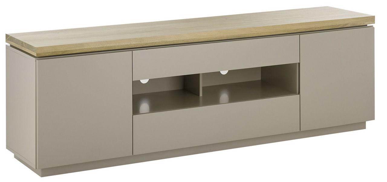 TV-Lowboard in moderner Frontansicht mit hellem Holzdeckel und grauen Schubladen.