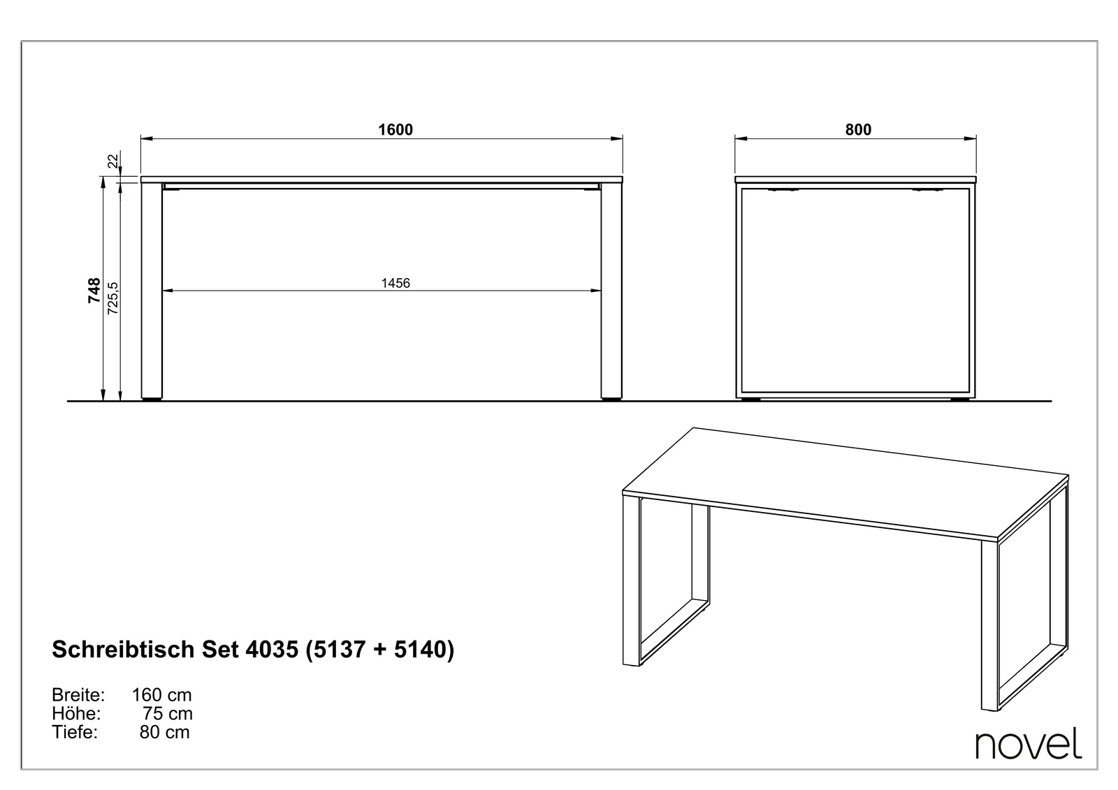 Schreibtisch Set 4035 mit den Maßen 160 cm Breite, 75 cm Höhe und 80 cm Tiefe, seitliche und frontale Ansicht.