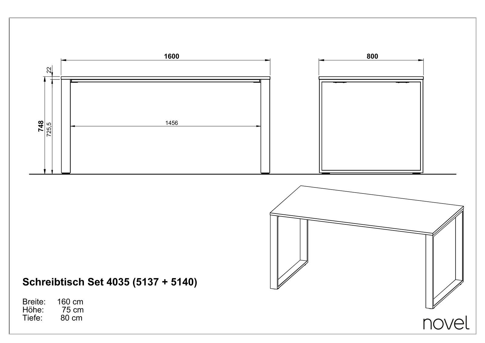 Schreibtisch Set 4035 mit den Maßen 160 cm Breite, 75 cm Höhe und 80 cm Tiefe, seitliche und frontale Ansicht.