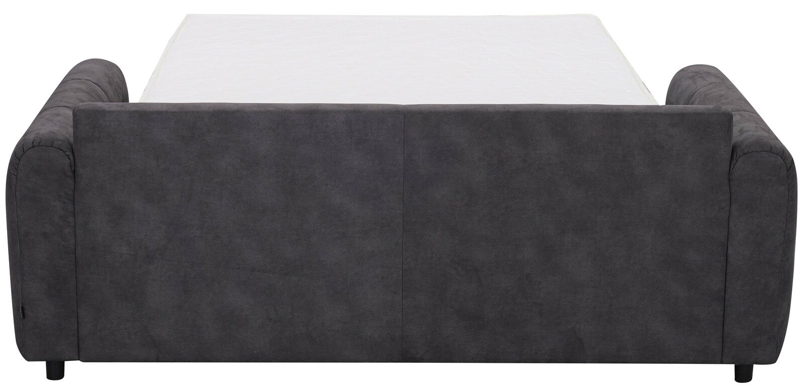 Rückansicht eines grauen Funktionssofas Z2 Schlafsofa HELENA mit ausgeklappter Liegefläche.