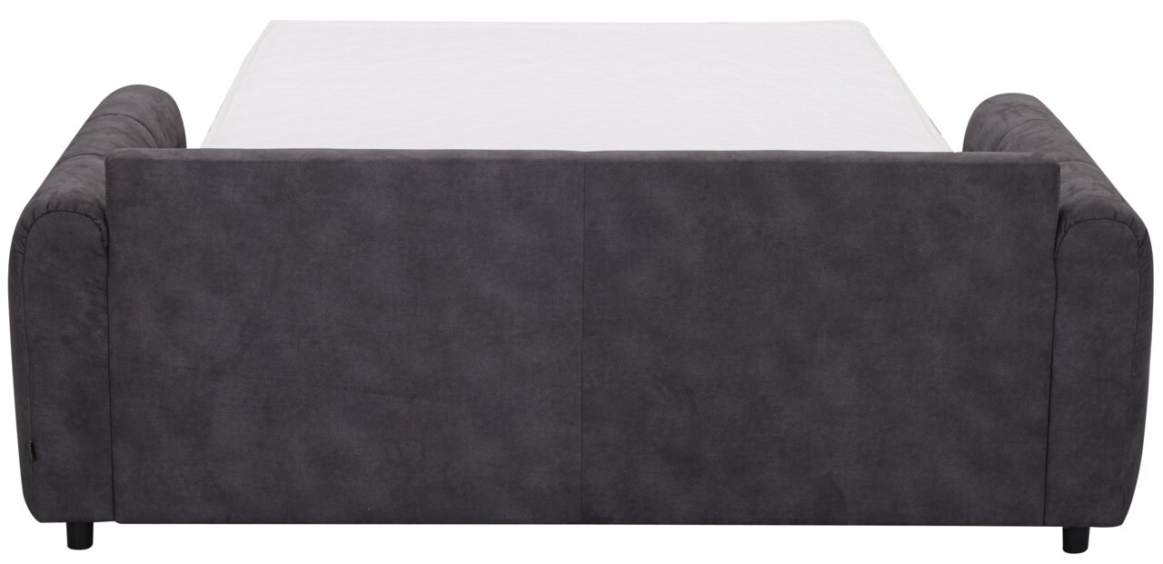 Rückansicht eines grauen Funktionssofas Z2 Schlafsofa HELENA mit ausgeklappter Liegefläche.