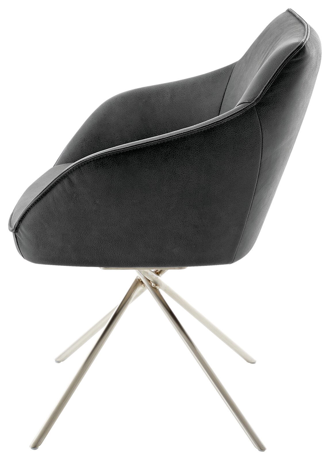 Moderner schwarzer Sessel mit Metallbeinen, seitliche Perspektive