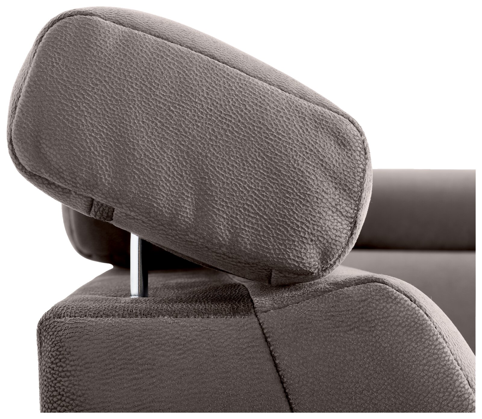 Nahaufnahme einer verstellbaren Kopfstütze eines Sofas in grauem Stoff, seitliche Perspektive.