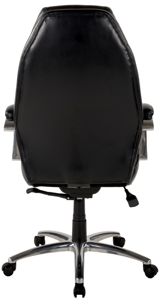 Rückansicht eines schwarzen Chefsessels mit verchromtem Fußkreuz und Rollen.