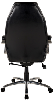 Rückansicht eines schwarzen Chefsessels mit verchromtem Fußkreuz und Rollen.