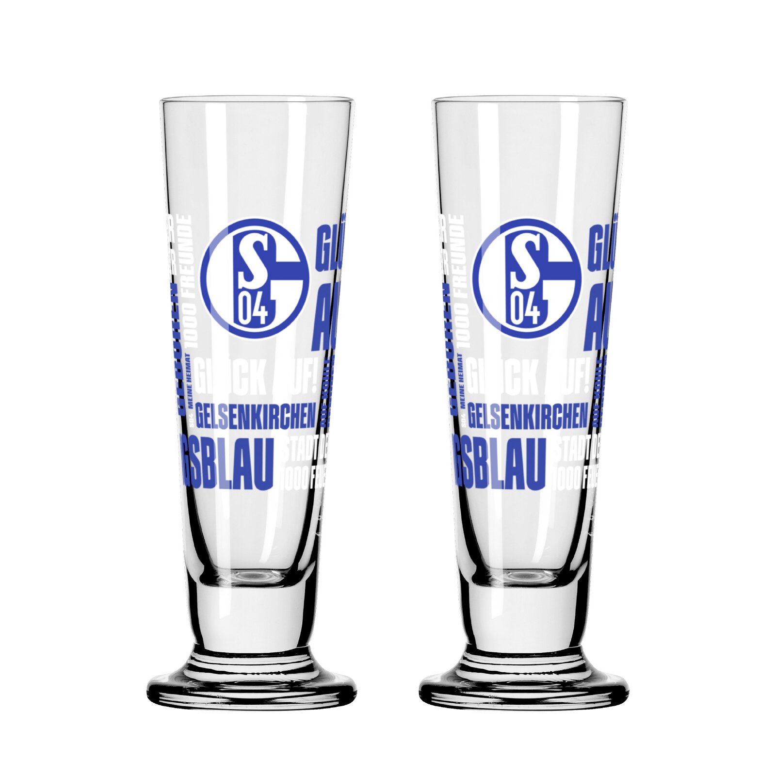 Ritzenhoff Schnapsglas 2er-Set FC SCHALKE 04 Zwei hohe, transparente FC-Schalke-04-Gläser mit blau-weißem Vereinslogo und Schriftzug, frontal auf weißem Hintergrund abgebildet