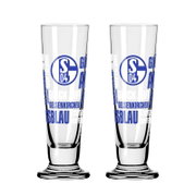 Zwei hohe, transparente FC-Schalke-04-Gläser mit blau-weißem Vereinslogo und Schriftzug, frontal auf weißem Hintergrund abgebildet