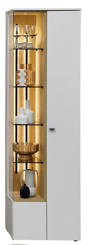 Moderne Vitrine mit Glastüren, Holzrückwand und integrierter Beleuchtung, gefüllt mit dekorativen Gläsern und Vasen, seitliche Perspektive.