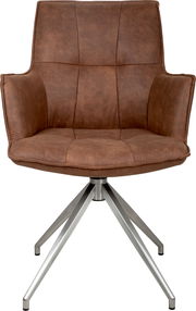 Brauner, gepolsterter Drehstuhl mit Armlehnen und Metall-Sternfuß, Frontansicht freigestellt auf weißem Hintergrund