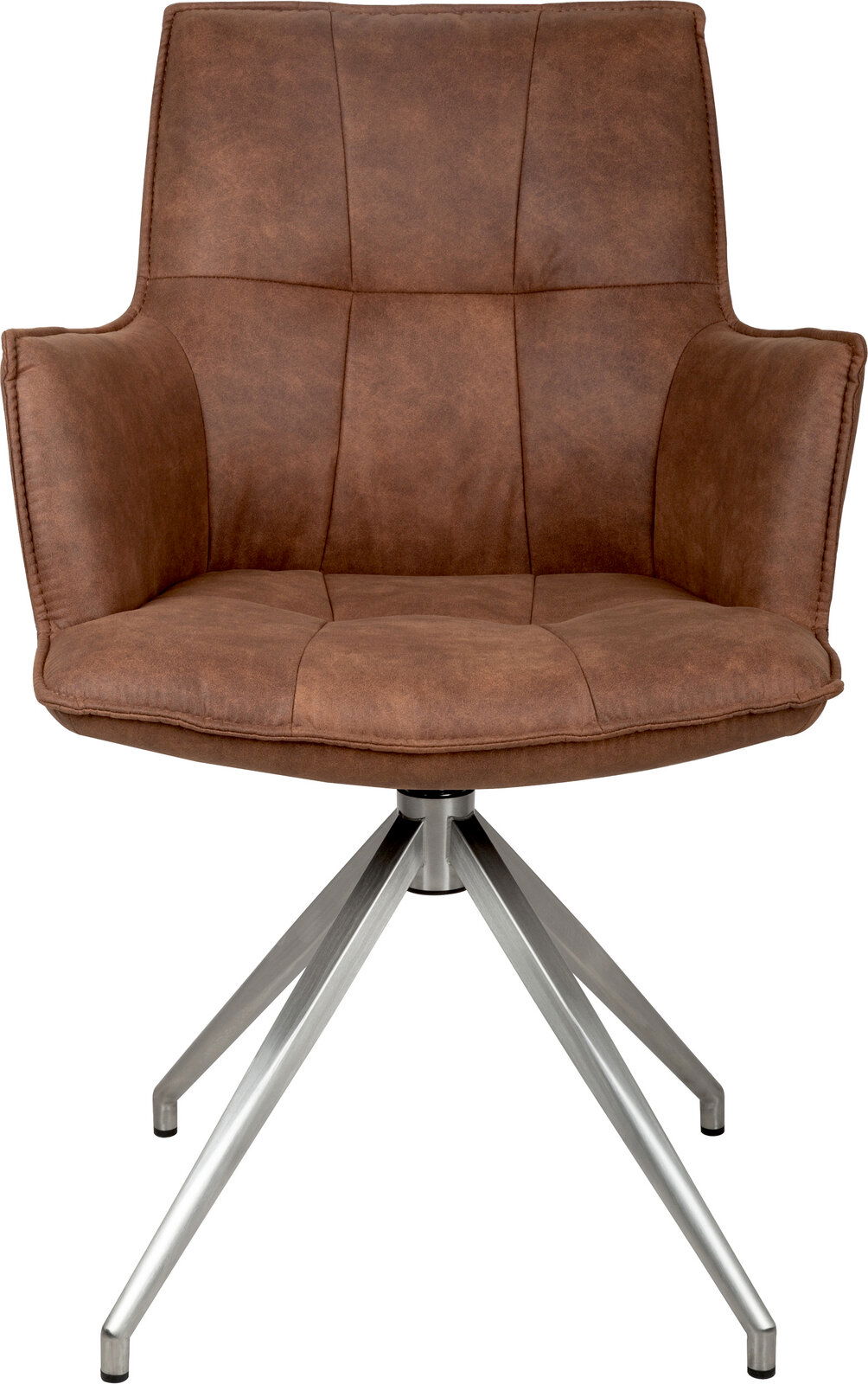 Brauner, gepolsterter Drehstuhl mit Armlehnen und Metall-Sternfuß, Frontansicht freigestellt auf weißem Hintergrund