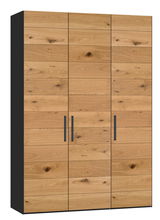 Drehtürenschrank mit drei Türen in Holzoptik, frontale Perspektive