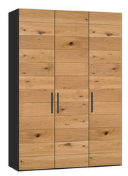 Drehtürenschrank mit drei Türen in Holzoptik, frontale Perspektive
