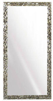 Rechteckiger Spiegel mit dekorativem Rahmen aus silbernen Mosaikstücken, frontal abgebildet.