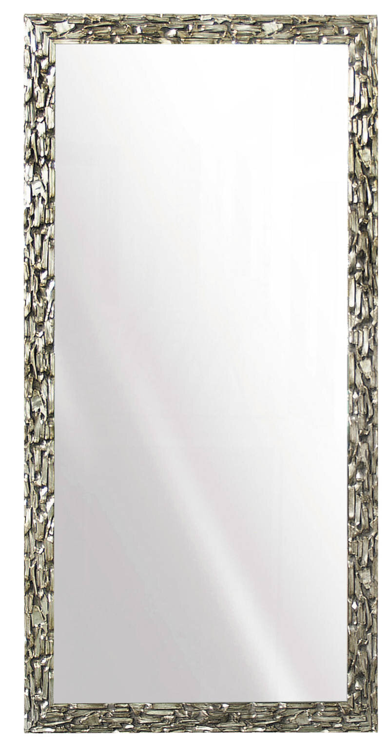 Rechteckiger Spiegel mit dekorativem Rahmen aus silbernen Mosaikstücken, frontal abgebildet.