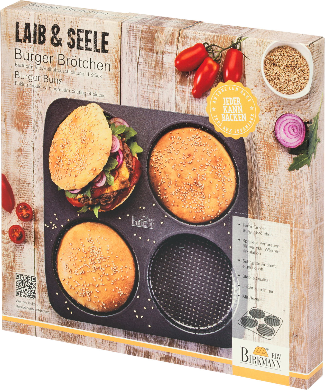 Verpackung eines Burger Brötchen-Blechs mit vier runden Formen, ideal für die Zubereitung von Burgerbrötchen, aus einer leicht schrägen Perspektive fotografiert.