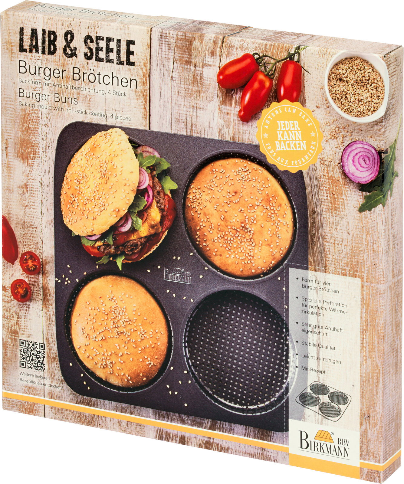 Verpackung eines Burger Brötchen-Blechs mit vier runden Formen, ideal für die Zubereitung von Burgerbrötchen, aus einer leicht schrägen Perspektive fotografiert.