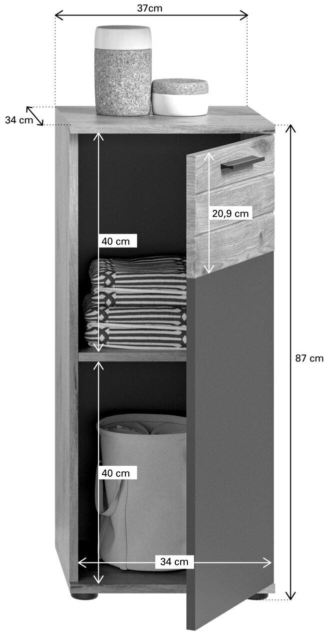 Badstandschrank mit zwei offenen Fächern, gefüllt mit Handtüchern und einem Korb, aus einer frontalen Perspektive.