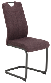 Moderner Schwingstuhl mit braunem Stoffbezug und schwarzem Metallgestell, seitliche Perspektive