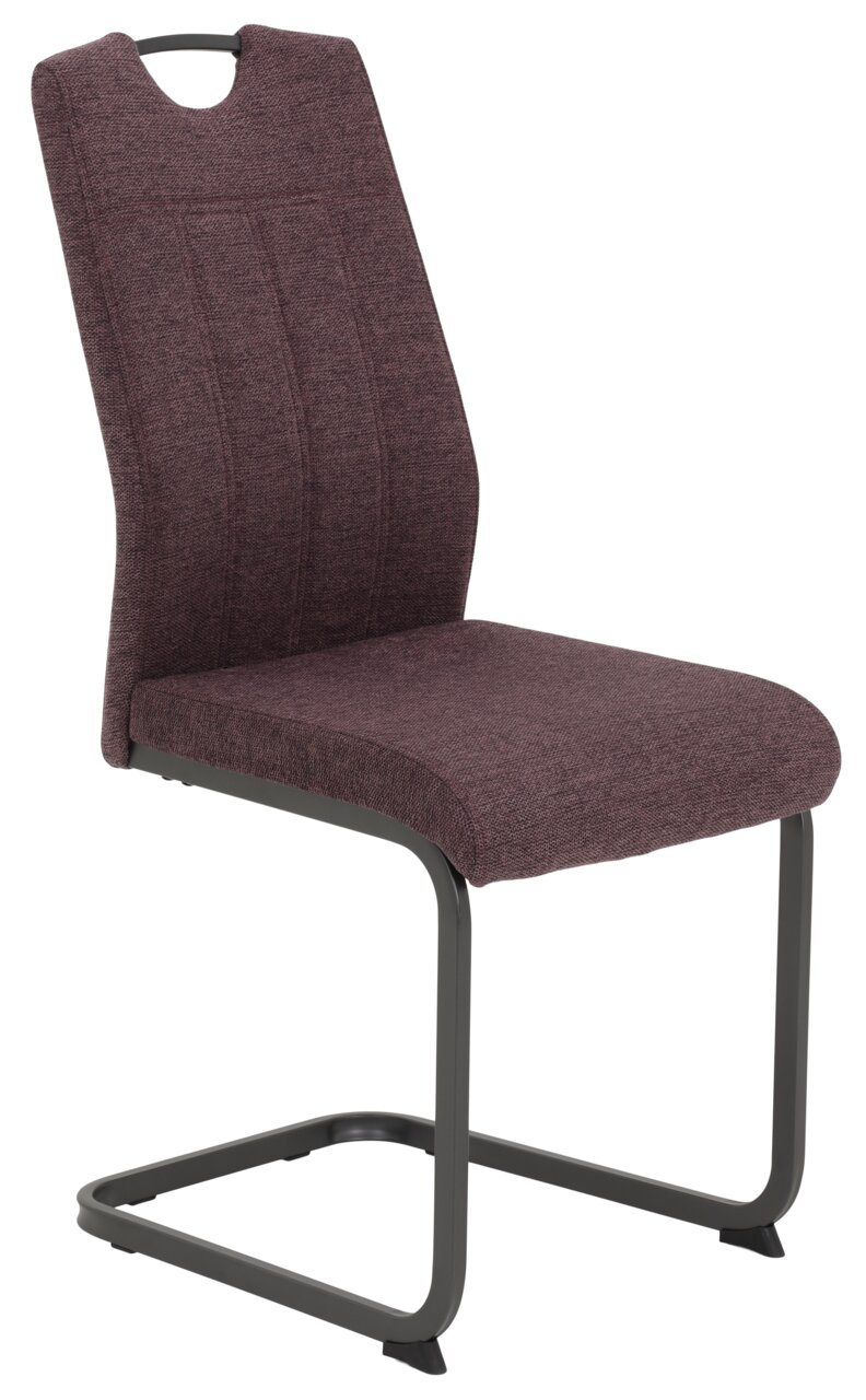Moderne schommelstoel met bruine stoffen bekleding en zwart metalen frame, zijaanzicht