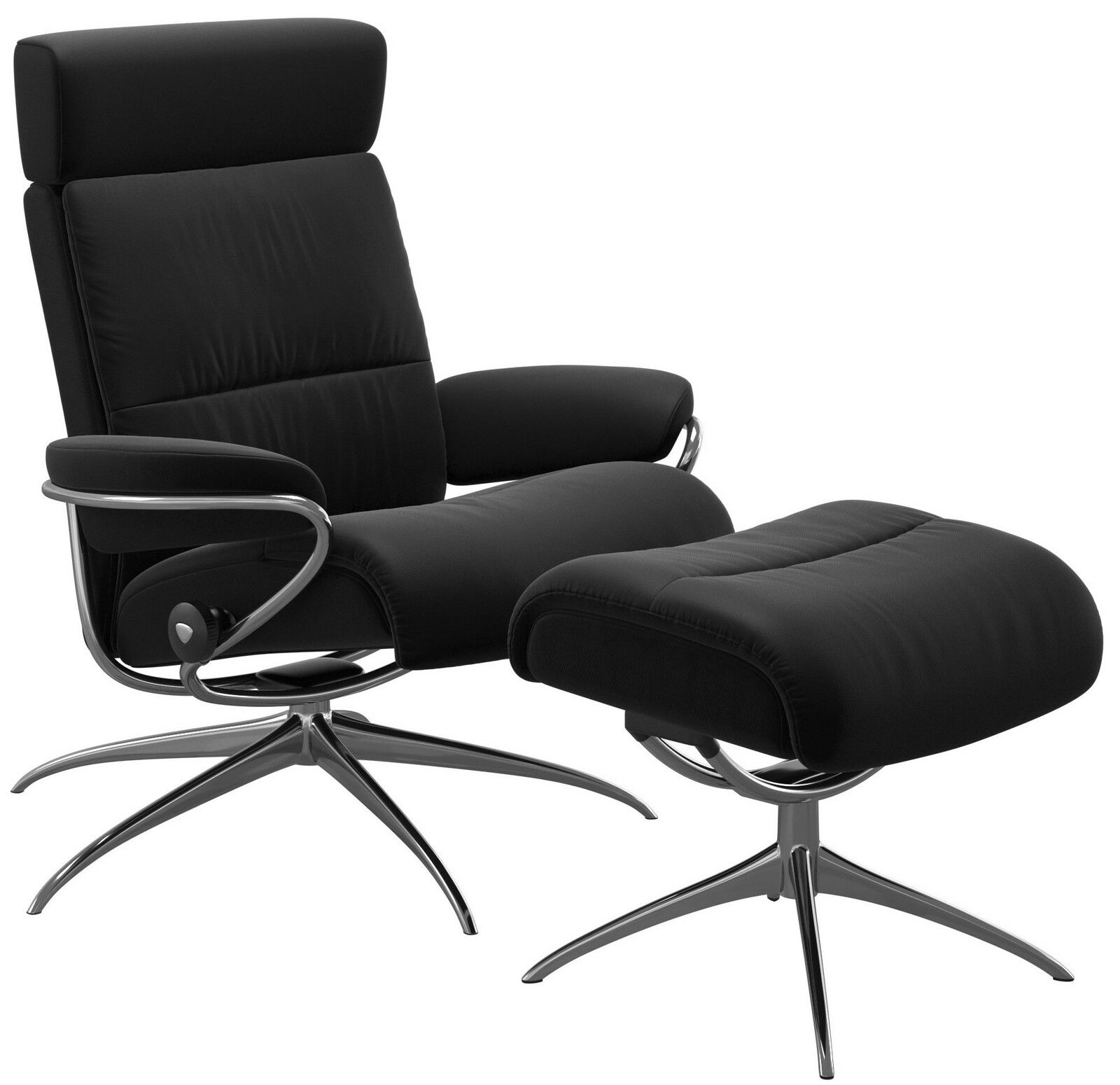 Schwarzer Einzelsessel mit Kopfstütze und passendem Hocker, seitliche Perspektive