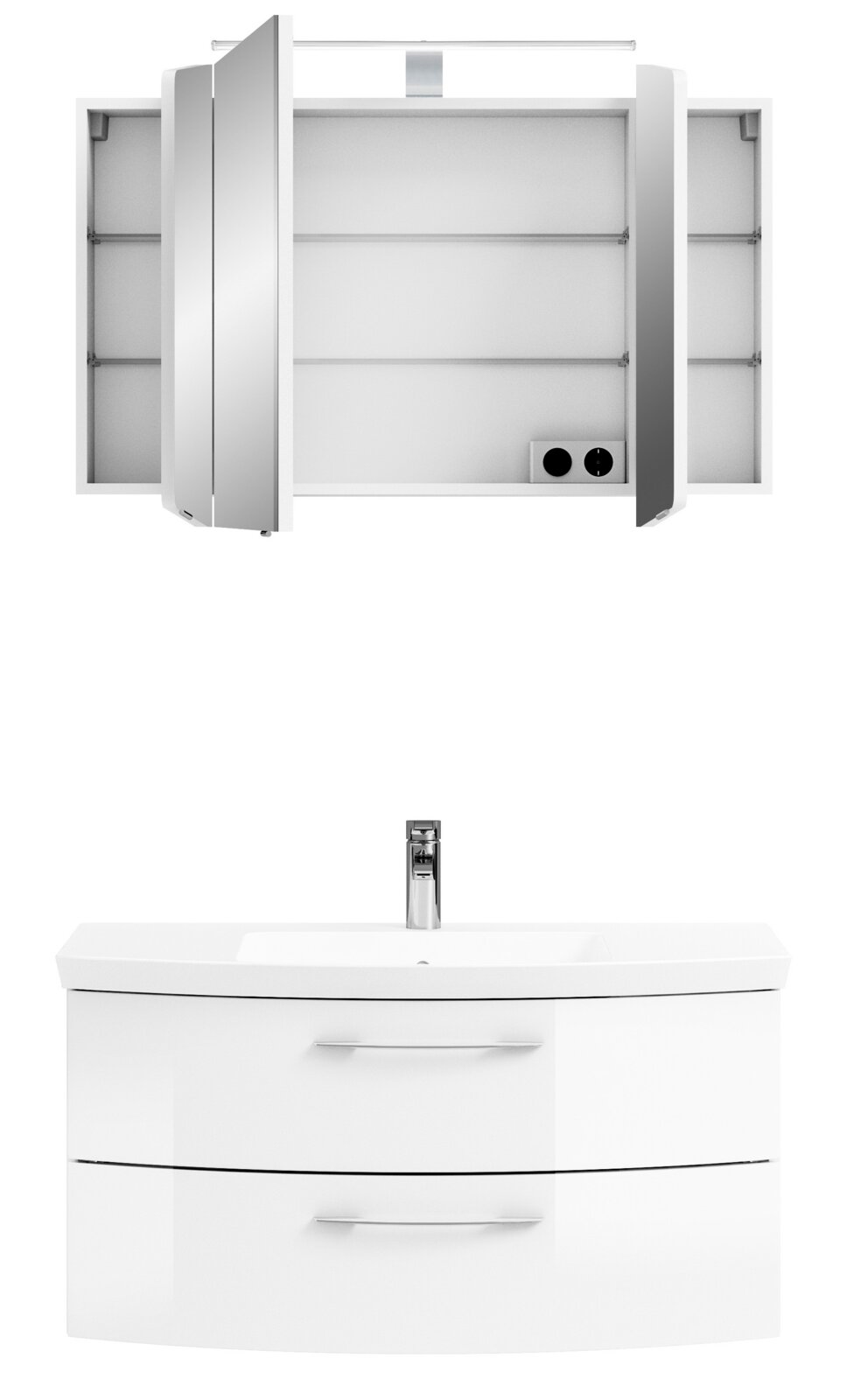 Moderne Badkombination mit Spiegelschrank und Waschbeckenunterschrank, frontal abgebildet. Der Spiegelschrank hat geöffnete Türen und integrierte Steckdosen.
