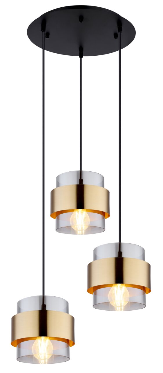 Globo Lighting Hanglamp MILLEY Moderne Hängeleuchte mit drei goldenen und transparenten Lampenschirmen, von unten betrachtet.
