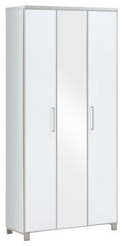 Moderner XL-Dielenschrank mit drei Türen, davon eine mit Spiegel, in weißer Farbe, seitliche Perspektive.