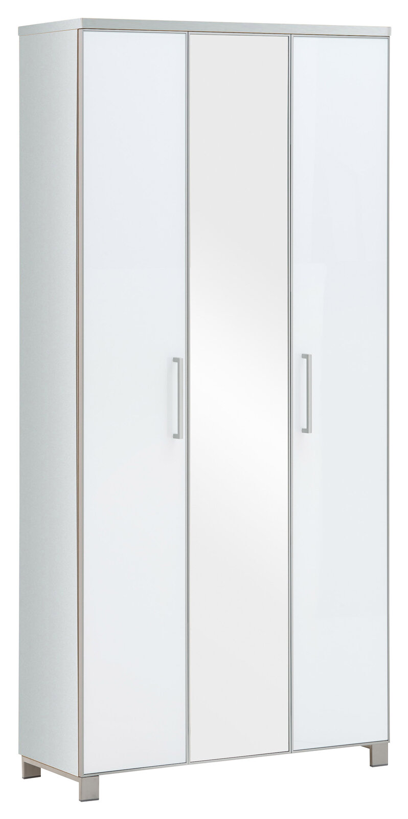Moderner XL-Dielenschrank mit drei Türen, davon eine mit Spiegel, in weißer Farbe, seitliche Perspektive.