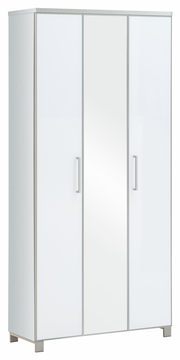 Moderner XL-Dielenschrank mit drei Türen, davon eine mit Spiegel, in weißer Farbe, seitliche Perspektive.