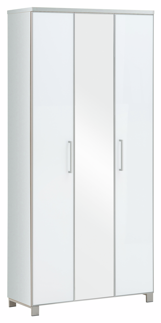 Moderner XL-Dielenschrank mit drei Türen, davon eine mit Spiegel, in weißer Farbe, seitliche Perspektive.