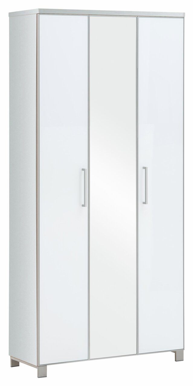 VOSS XL-Dielenschrank SANTINA Moderner XL-Dielenschrank mit drei Türen, davon eine mit Spiegel, in weißer Farbe, seitliche Perspektive.