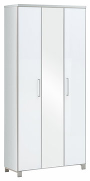 Moderner XL-Dielenschrank mit drei Türen, davon eine mit Spiegel, in weißer Farbe, seitliche Perspektive.