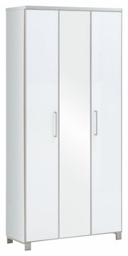 Moderner XL-Dielenschrank mit drei Türen, davon eine mit Spiegel, in weißer Farbe, seitliche Perspektive.
