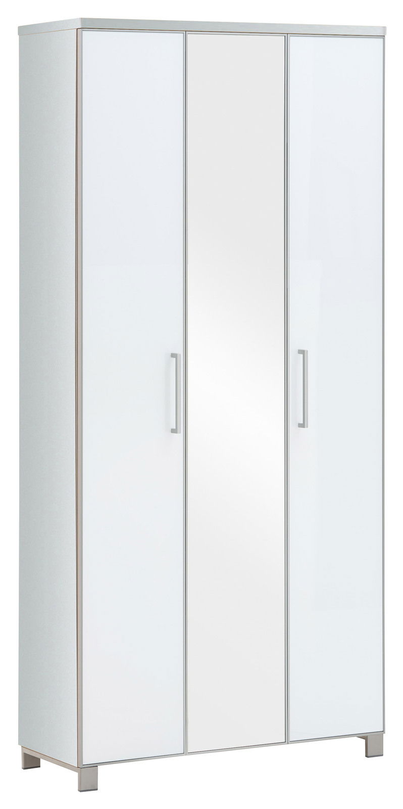 Moderner XL-Dielenschrank mit drei Türen, davon eine mit Spiegel, in weißer Farbe, seitliche Perspektive.
