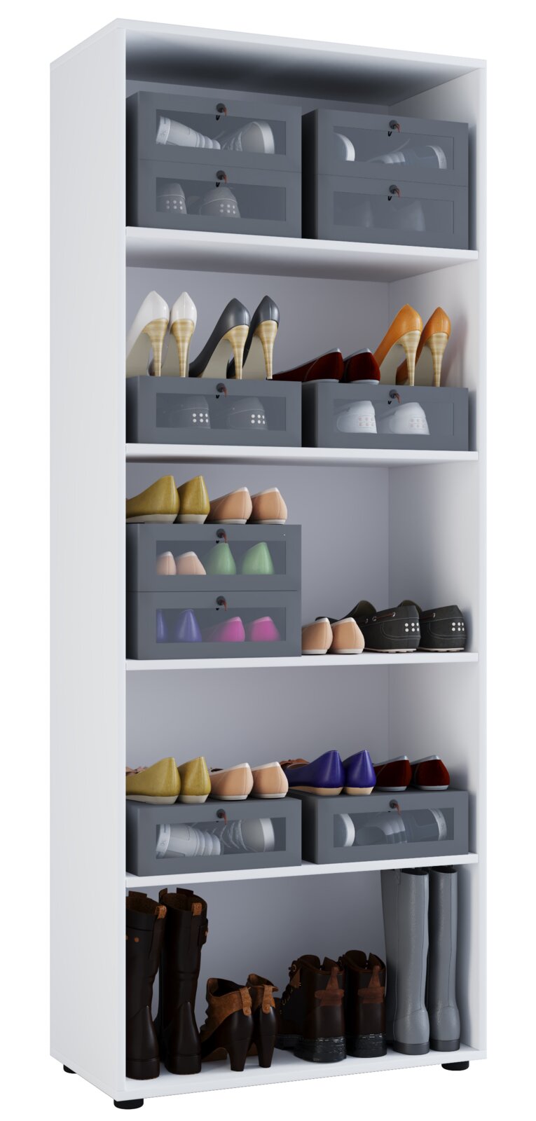 VCM Schuhschrank VANDOL Weißes Schuhregal/Schuhschrank mit mehreren offenen Fächern und grauen transparenten Schuhboxen, befüllt mit High Heels, Flats und Stiefeln; Perspektive: frontale Ansicht leicht von links oben.