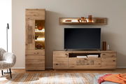 Moderne Wandkombination aus Holz mit TV-Schrank, Regal und Vitrine, frontal fotografiert.