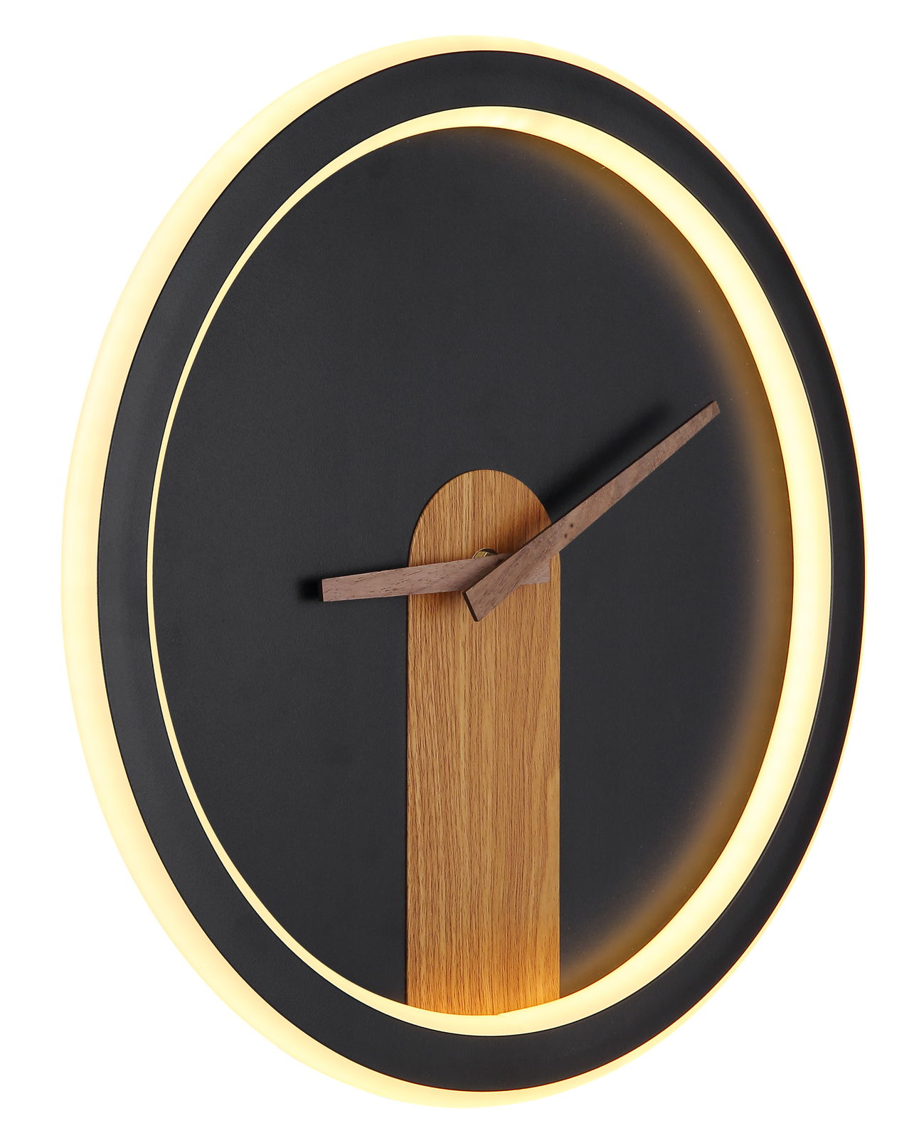 Moderne Wanduhr SUSSY mit schwarzem Zifferblatt, Holzzeigern und beleuchtetem Rand, seitliche Perspektive