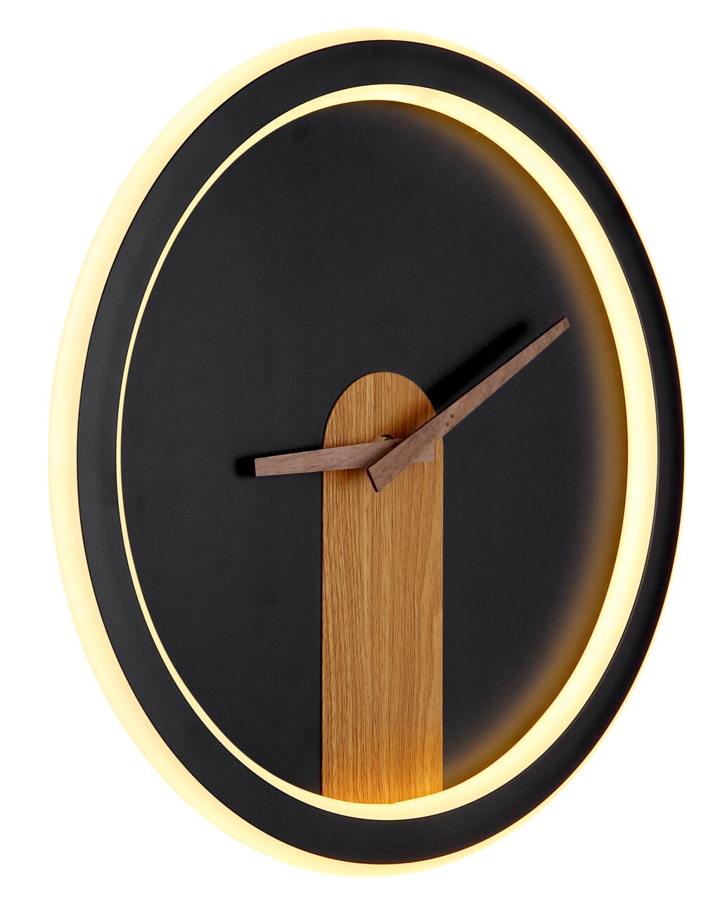 Moderne Wanduhr SUSSY mit schwarzem Zifferblatt, Holzzeigern und beleuchtetem Rand, seitliche Perspektive